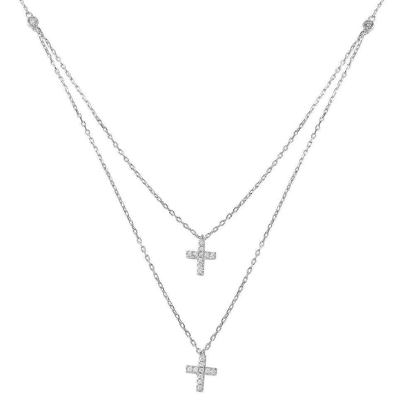 Silver 925 Rhodium Plated Two-strand Double Cross CZ Pendant Necklace - STP01482 | Silver Palace Inc.