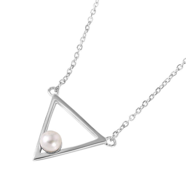 Silver 925 Rhodium Plated Open Triangle Fresh Water Pearl Necklace - STP01492 | Silver Palace Inc.