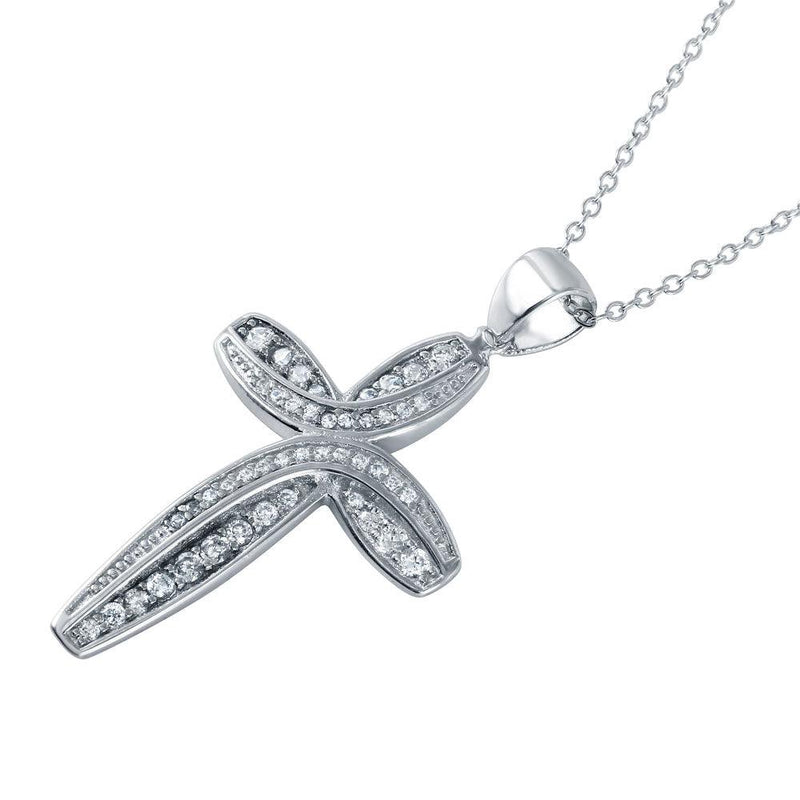 Silver 925 Rhodium Plated CZ Rounded Cross Pendant Necklace - STP01493 | Silver Palace Inc.