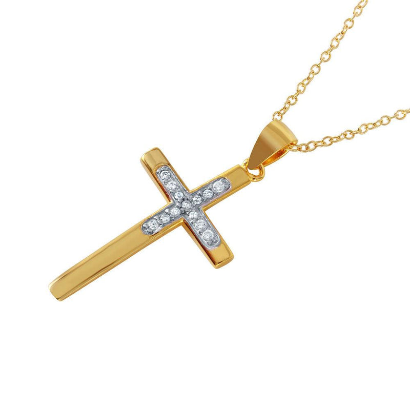Silver 925 Rhodium Plated CZ Inlay Gold Plated Cross Pendant Necklace - STP01494 | Silver Palace Inc.