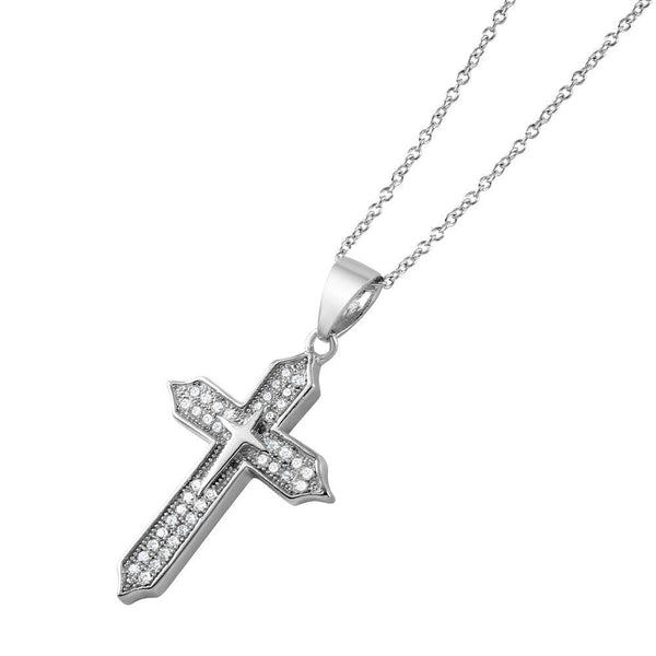 Silver 925 Rhodium Plated Double Cross CZ Pendant Necklace - STP01500 | Silver Palace Inc.