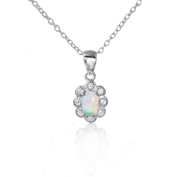 Silver 925 Rhodium Plated CZ Flower with Synthetic Opal Necklace - STP01502 | Silver Palace Inc.