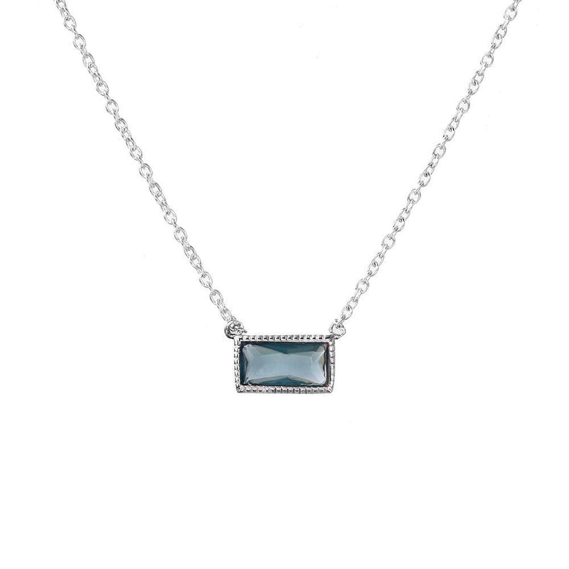 Silver 925 Rhodium Plated Blue CZ Rectangle Necklace - STP01503BLU | Silver Palace Inc.
