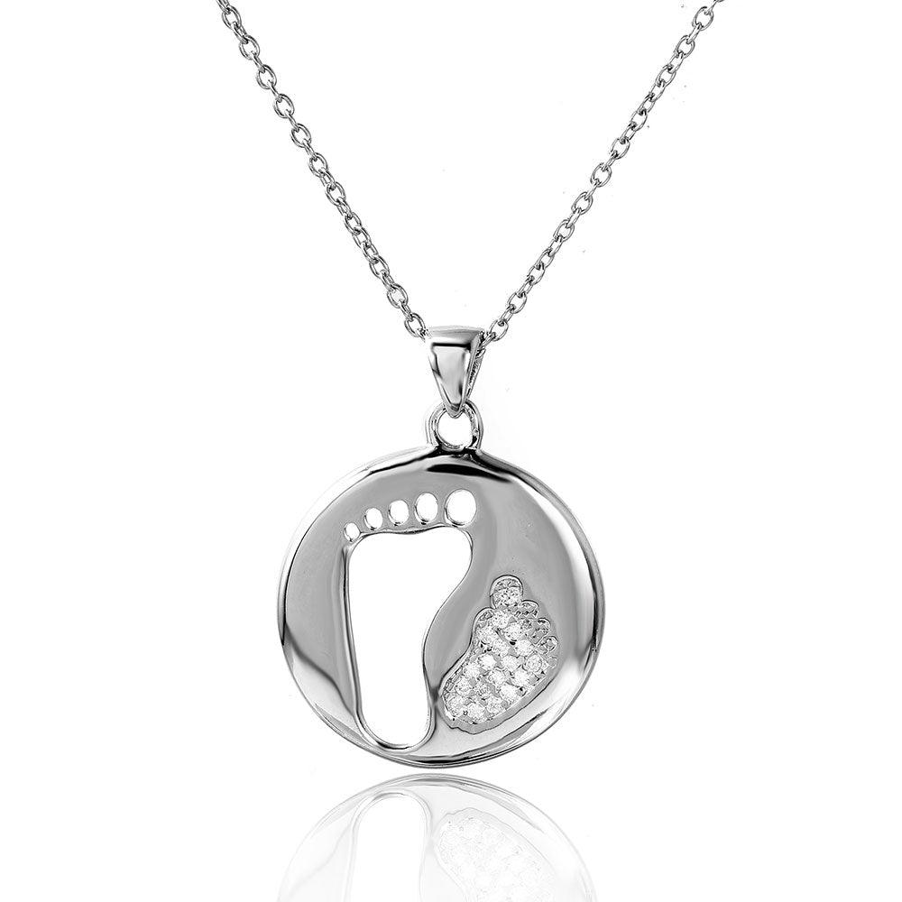Silver 925 Rhodium Plated Cut Out and CZ Foot Print Necklace - STP01504 | Silver Palace Inc.