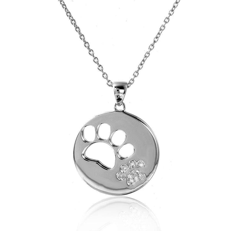 Silver 925 Rhodium Plated Cut Out and CZ Paw Necklace - STP01506 | Silver Palace Inc.