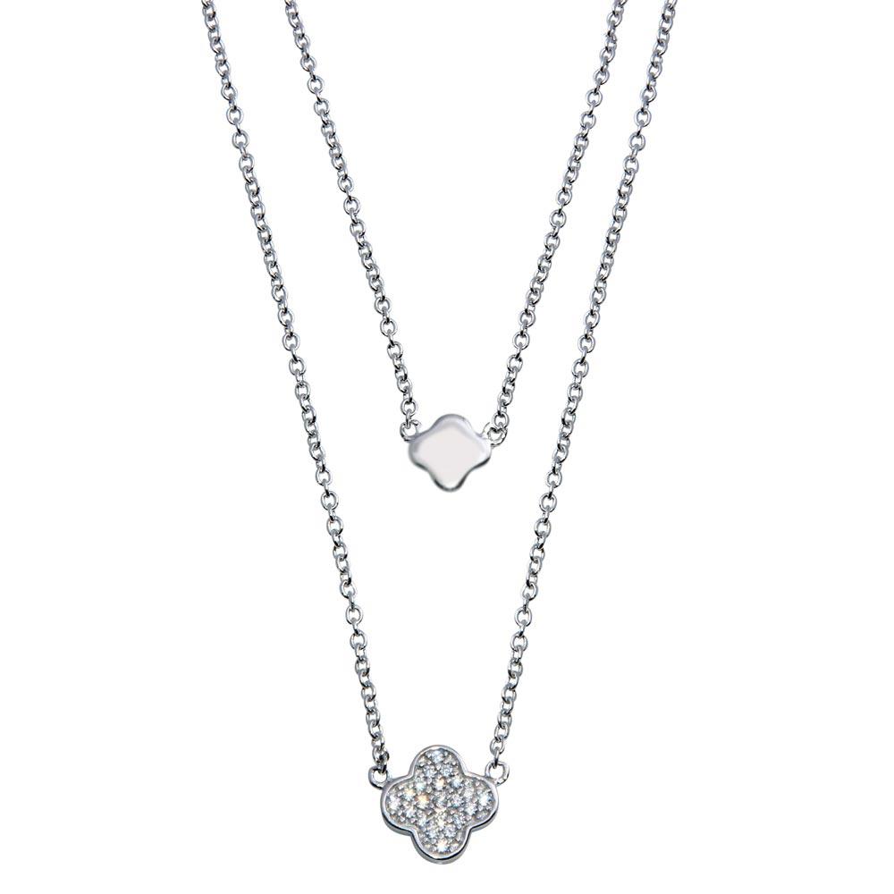 Silver 925 Rhodium Plated Double Chain Clover Necklace with CZ