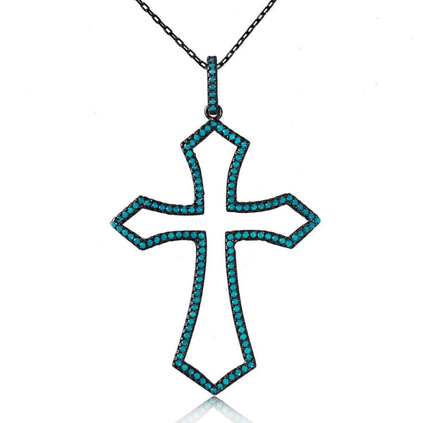 Silver 925 Black Rhodium Open Cross Necklace with Synthetic Turquoise Stone - STP01508 | Silver Palace Inc.