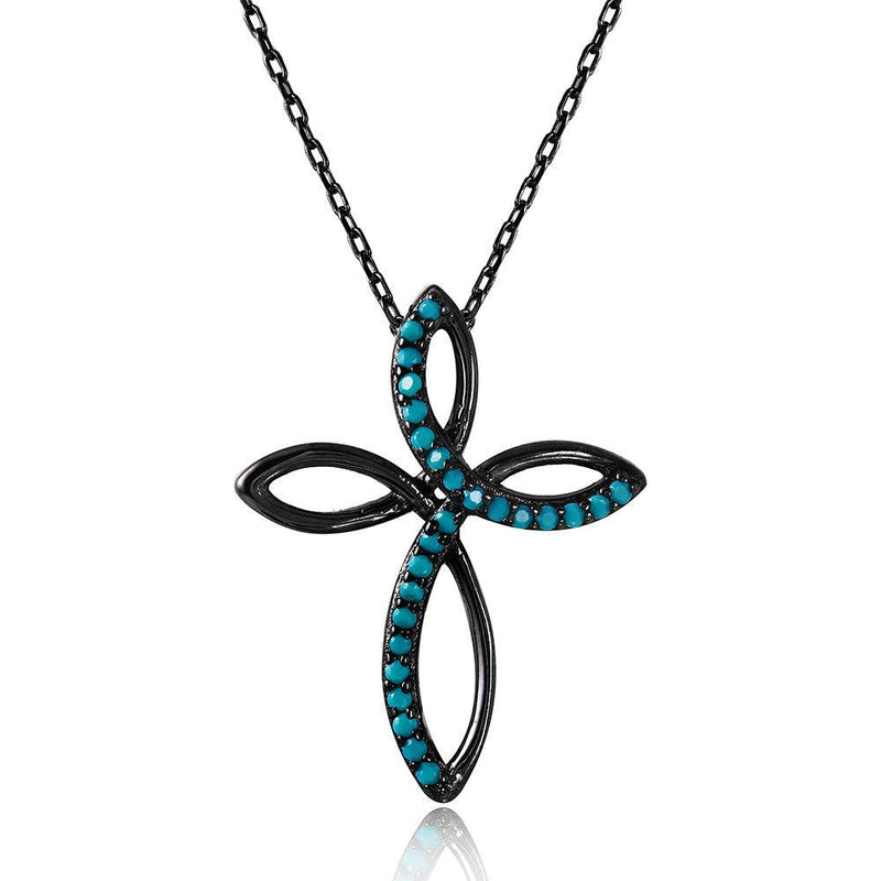 Silver 925 Black Rhodium Plated Open Cross Necklace with Synthetic Turquoise Stones - STP01509 | Silver Palace Inc.