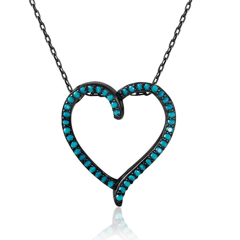 Silver 925 Black Rhodium Open Heart Necklace with Synthetic Turquoise Stones - STP01511 | Silver Palace Inc.