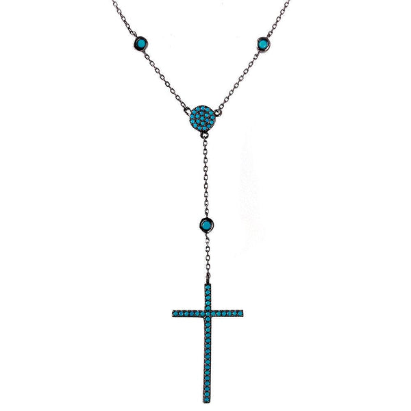 Silver 925 Black Rhodium Plated Cross Necklace with Synthetic Turquoise Stones - STP01513BLK | Silver Palace Inc.