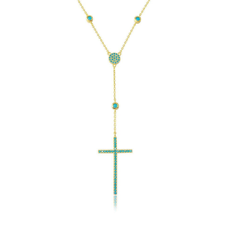 Silver 925 Gold Plated Cross Necklace with Synthetic Turquoise Stones - STP01513GP | Silver Palace Inc.