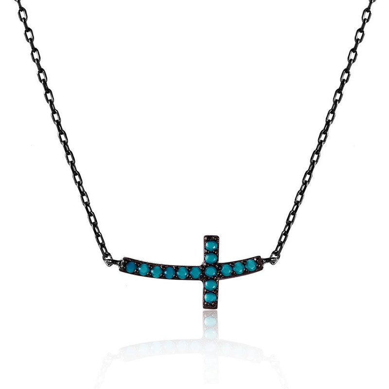 Silver 925 Black Rhodium Plated Sideways Cross Necklace with Synthetic Turquoise Stones - STP01514 | Silver Palace Inc.