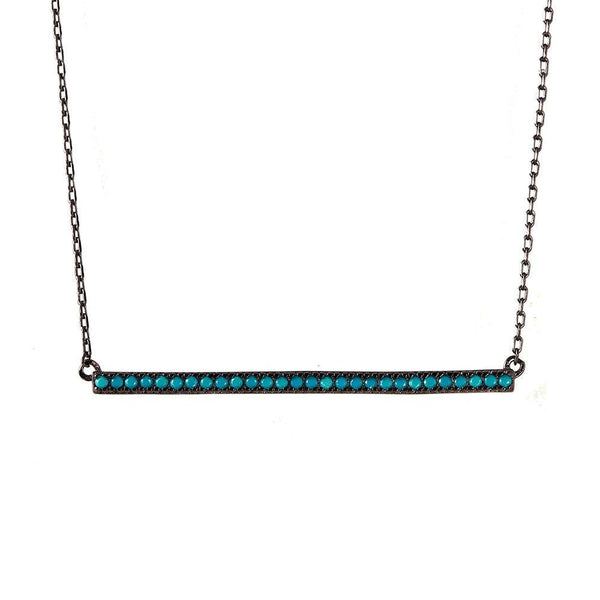 Silver 925 Black Rhodium Plated Bar Necklace with Synthetic Turquoise Stones - STP01515 | Silver Palace Inc.