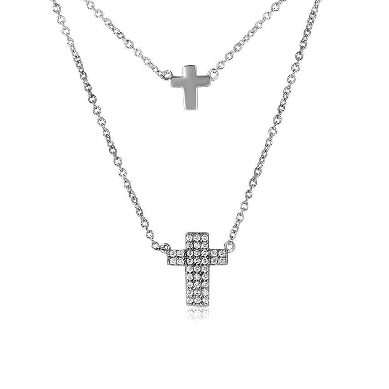Silver 925 Rhodium Plated Double Cross Necklace with CZ - STP01516 | Silver Palace Inc.