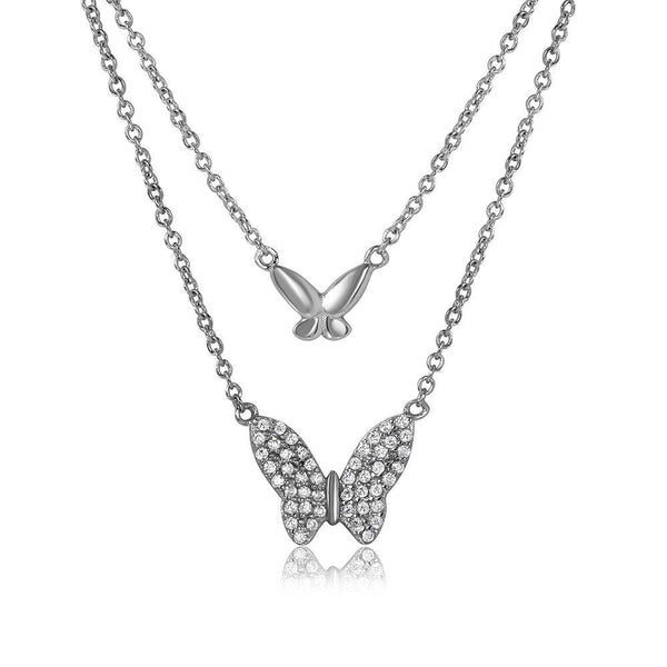 Silver 925 Rhodium Plated Double Butterfly Necklace with CZ - STP01517 | Silver Palace Inc.