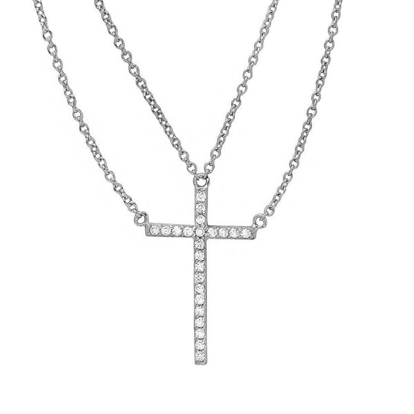 Silver 925 Rhodium Plated Multi Chain CZ Cross Necklace - STP01522 | Silver Palace Inc.