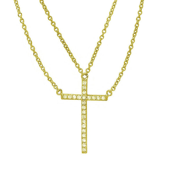 Silver 925 Gold Plated Multi Chain CZ Cross Necklace - STP01522GP | Silver Palace Inc.