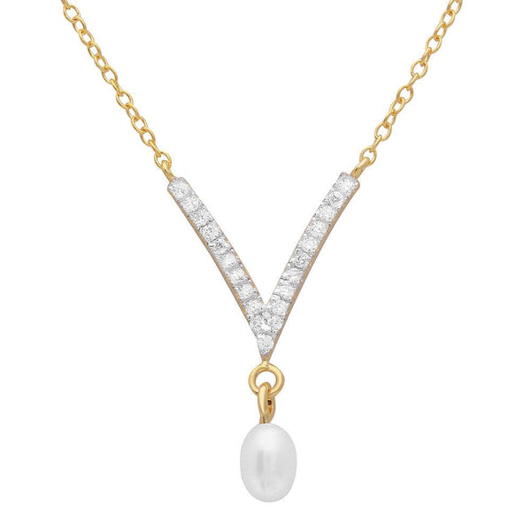 Silver 925 Gold Plated V Shape CZ Necklace with Hanging Fresh Water Pearl - STP01525GP | Silver Palace Inc.
