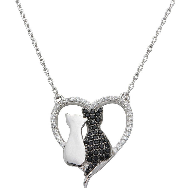 Silver 925 Rhodium Plated CZ Open Heart with 2 Cat Necklace - STP01527 | Silver Palace Inc.