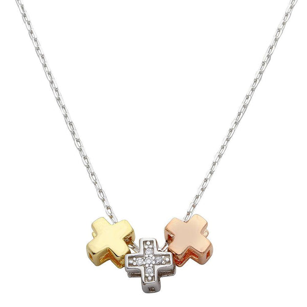 Silver 925 3 Toned Cross Charms Necklace - STP01529 | Silver Palace Inc.