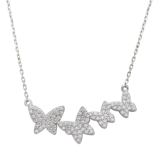 Silver 925 Rhodium Plated Graduated CZ Encrusted Butterfly Necklace - STP01535 | Silver Palace Inc.