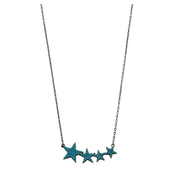 Silver 925 Black Rhodium Plated Four Star Necklace with Turquoise CZ Stones - STP01536BP | Silver Palace Inc.