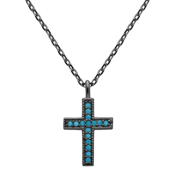 Silver 925 Black Rhodium Plated Turquoise Stone Cross Necklace - STP01539BP | Silver Palace Inc.