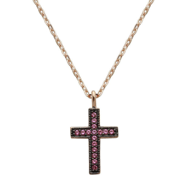 Silver 925 Rose Gold Plated Pink CZ Cross Necklace - STP01539RGP | Silver Palace Inc.