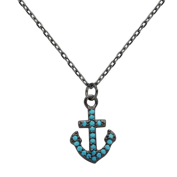 Silver 925 Black Rhodium Plated Anchor Turquoise Stones Necklace - STP01541BP | Silver Palace Inc.