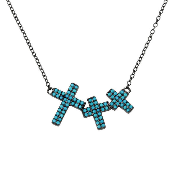 Silver 925 Black Rhodium Plated Side By Side 3 Crosses Turquoise Stones Necklace - STP01548BLK | Silver Palace Inc.