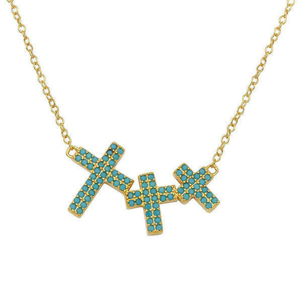 Silver 925 Gold Plated Side By Side 3 Crosses Turquoise Stones Necklace - STP01548GP | Silver Palace Inc.