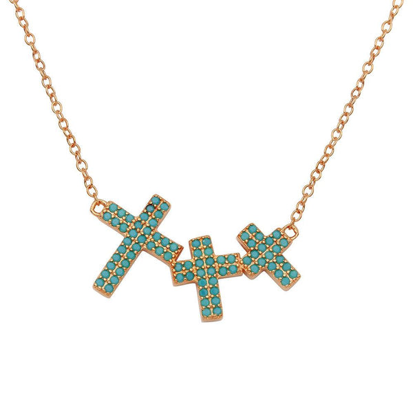 Silver 925 Rose Gold Plated Side By Side 3 Crosses Turquoise Stones Necklace - STP01548RGP | Silver Palace Inc.