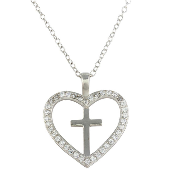 Rhodium Plated 925 Sterling Silver Heart and Cross Necklace with