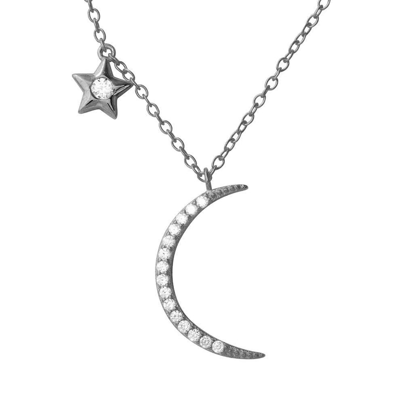Silver 925 Rhodium Plated CZ Star and Crecsent Moon Necklace - STP01558RH | Silver Palace Inc.