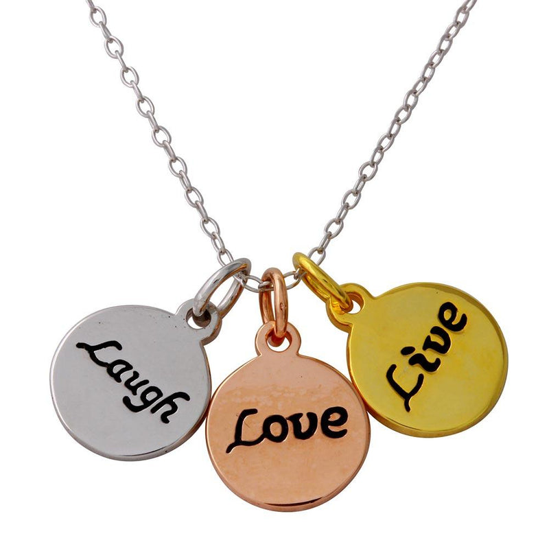 Silver 925 Tri-Color Plated Live Laugh Love Circle Necklace - STP01561TRI | Silver Palace Inc.
