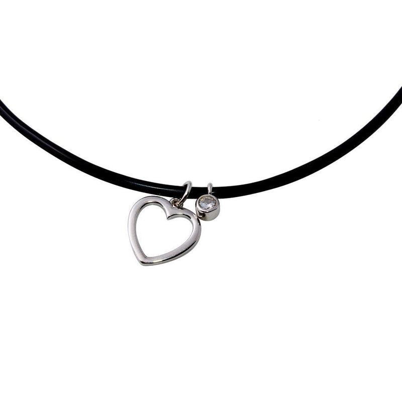 Silver 925 Rhodium Plated Rubber Cord Choker with Round CZ and Open Heart - STP01566RH | Silver Palace Inc.