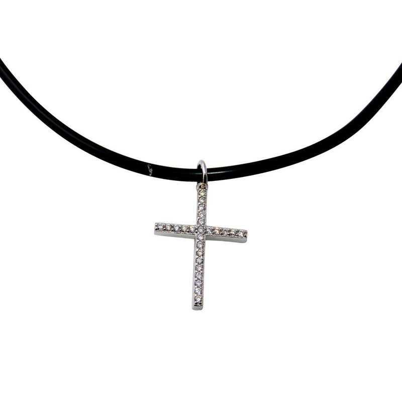 Silver 925 Rhodium Plated Rubber Cord Choker with CZ Cross - STP01567RH | Silver Palace Inc.