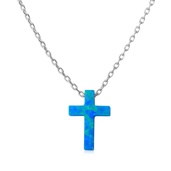 Silver 925 Rhodium Plated Blue Synthetic Opal Cross Necklace