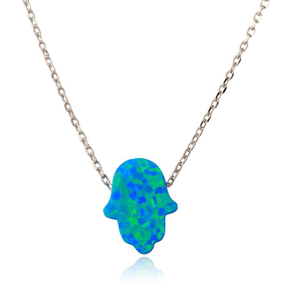 Silver 925 Rhodium Plated Synthetic Blue Opal Hamsa Necklace - STP01575RH | Silver Palace Inc.