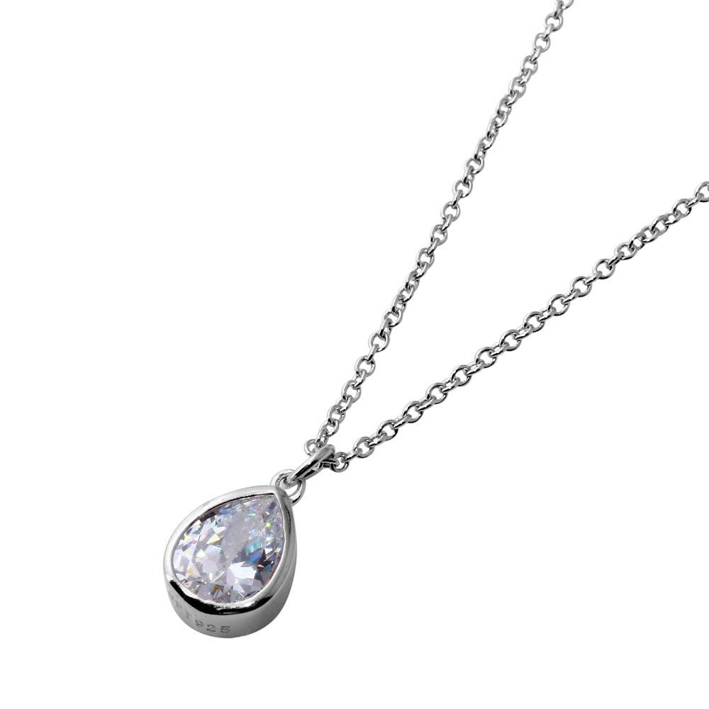 Silver 925 Rhodium Plated Collar with Dropped Clear Pear CZ Necklace - STP01581RH | Silver Palace Inc.