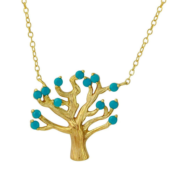 Silver 925 Gold Plated Tree Necklace with Turquoise Beads - STP01583GP | Silver Palace Inc.