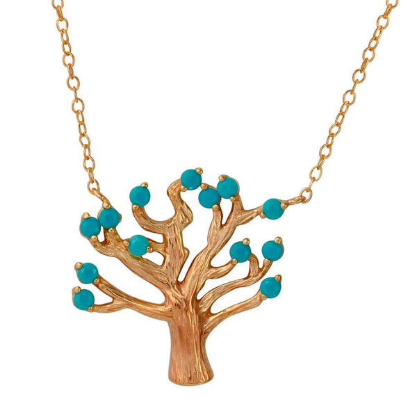 Silver 925 Rose Gold Plated Tree Necklace with Turquoise Beads - STP01583RGP | Silver Palace Inc.