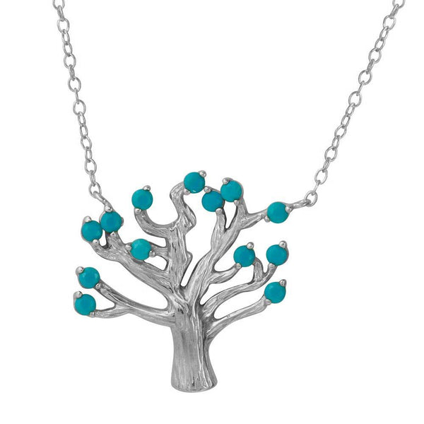 Silver 925 Rhodium Plated Tree Necklace with Turquoise Beads - STP01583RH | Silver Palace Inc.