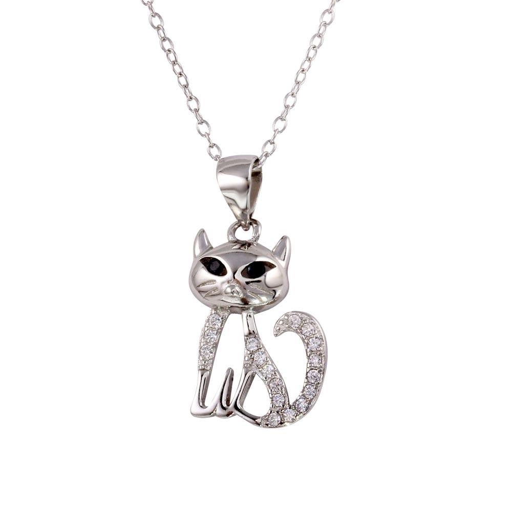 Silver 925 Rhodium Plated Small Cat Pendant with CZ - STP01599