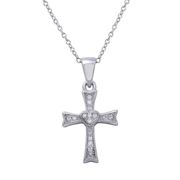 Silver 925 Rhodium Plated Small Cross Pendant with Heart Center and CZ - STP01617 | Silver Palace Inc.