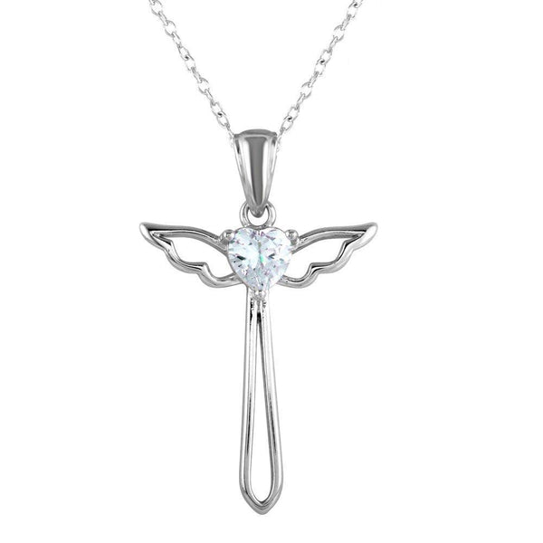 Silver 925 Rhodium Plated  Heart and Wings Cross Necklace with CZ - STP01618 | Silver Palace Inc.
