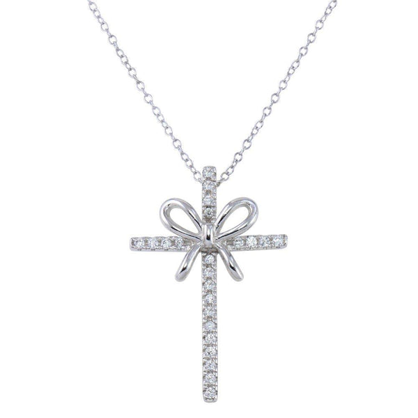 Silver 925 Rhodium Plated Ribbon Cross Pendant Necklace with CZ - STP01619 | Silver Palace Inc.