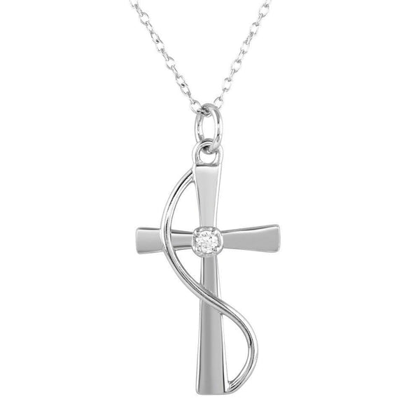 Silver 925 Rhodium Plated Wrapped Cross Pendant Necklace with CZ - STP01620 | Silver Palace Inc.