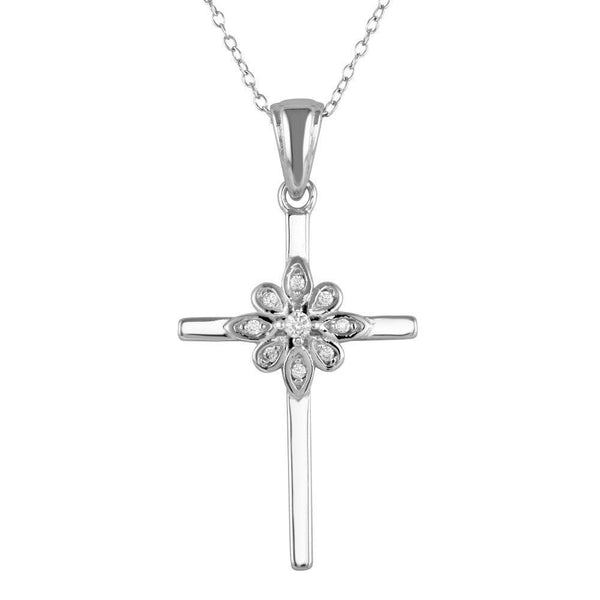 Silver 925 Rhodium Plated Cross and Flower Pendant Necklace with CZ - STP01621 | Silver Palace Inc.
