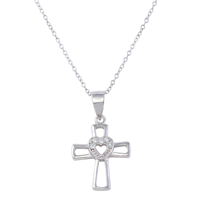 Silver 925 Rhodium Plated Open Cross and Heart Pendant Necklace with CZ - STP01623 | Silver Palace Inc.